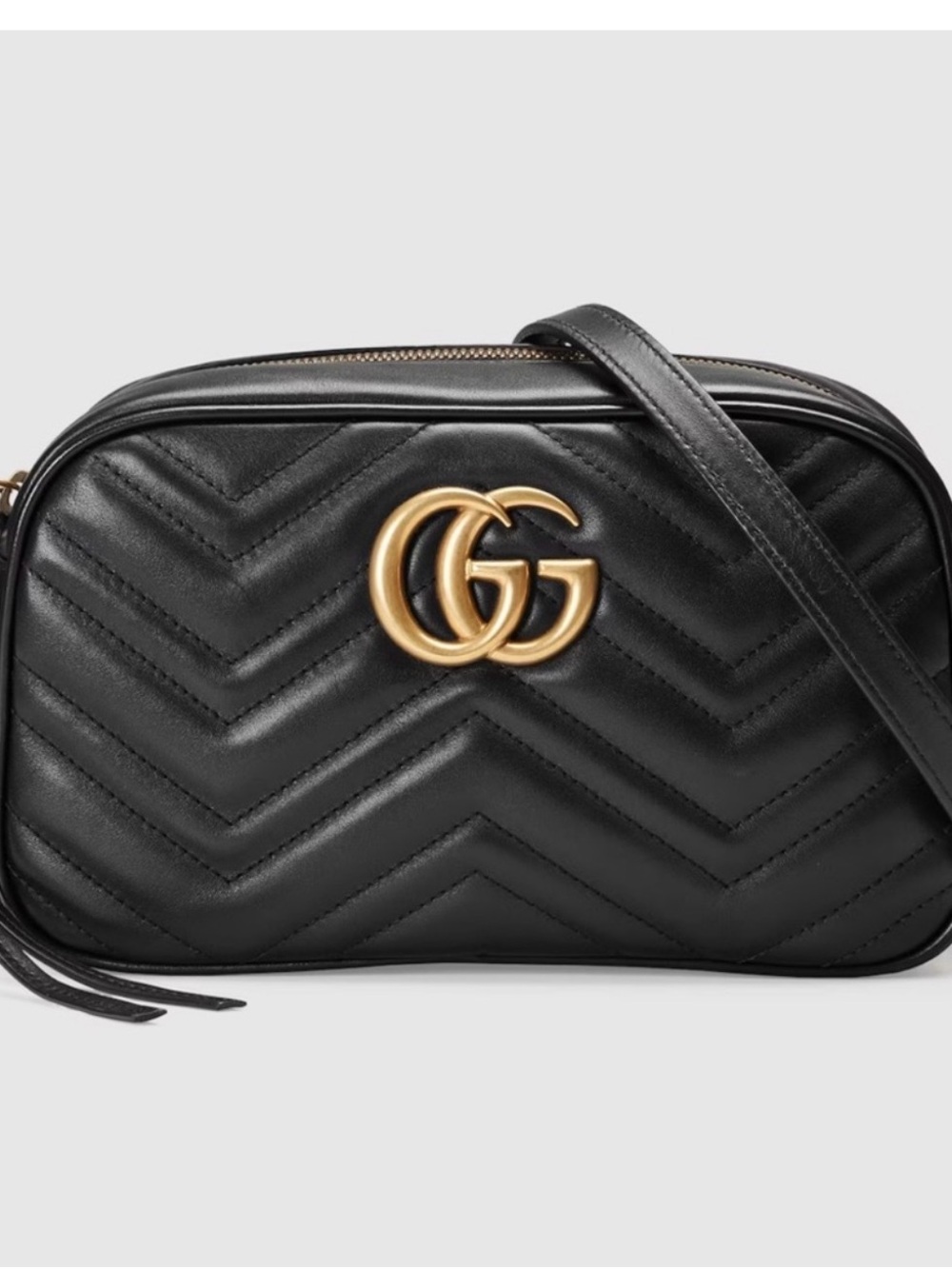 Authentic Gucci GG Marmont Small Camera Bag Black Chevron Crossbody Gold HW